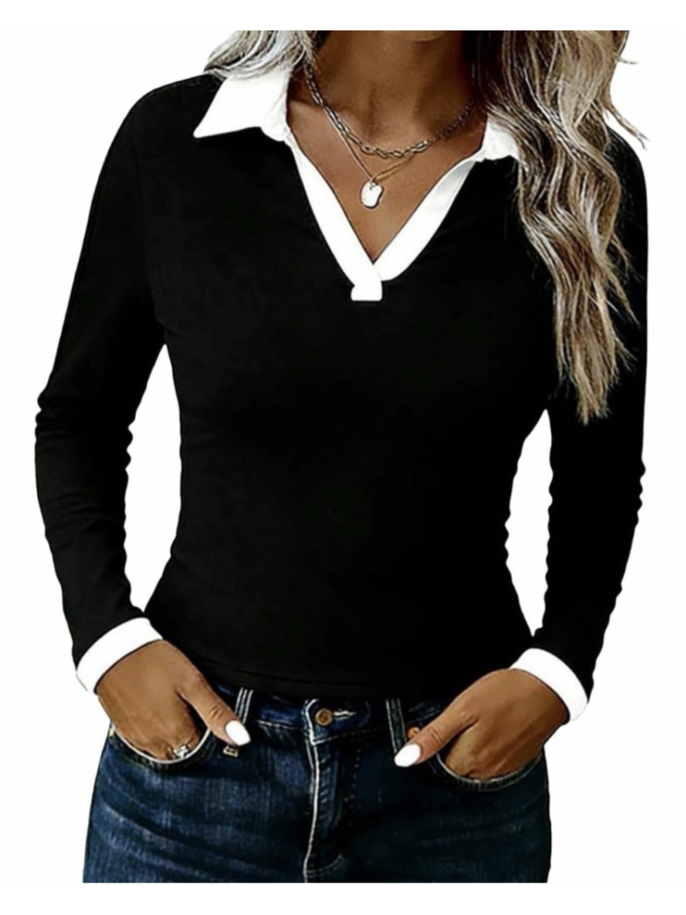 Flamingals Long Sleeve V Neck T-Shirt For Women Two Tone Collar Top S